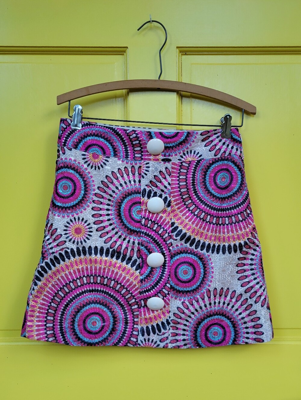 Sweet Sinammon Psychedelic Button Front Mini Skirt Pink Mod Festival S